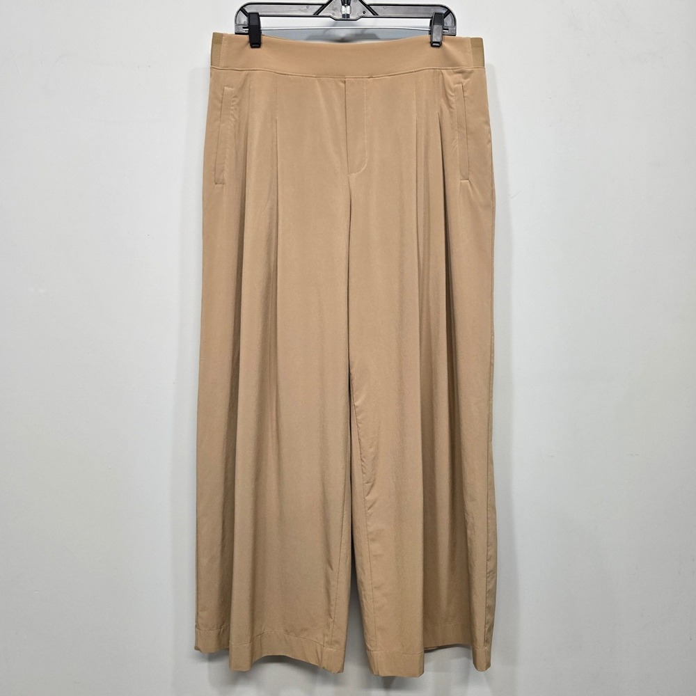 Athleta Brooklyn Heights Pants Women 14 Tan Wide Leg Pleated Pull On High Rise